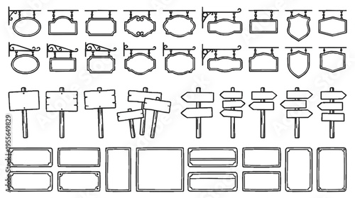 Collection of empty shopfront and trail signs in black outline on white background for design