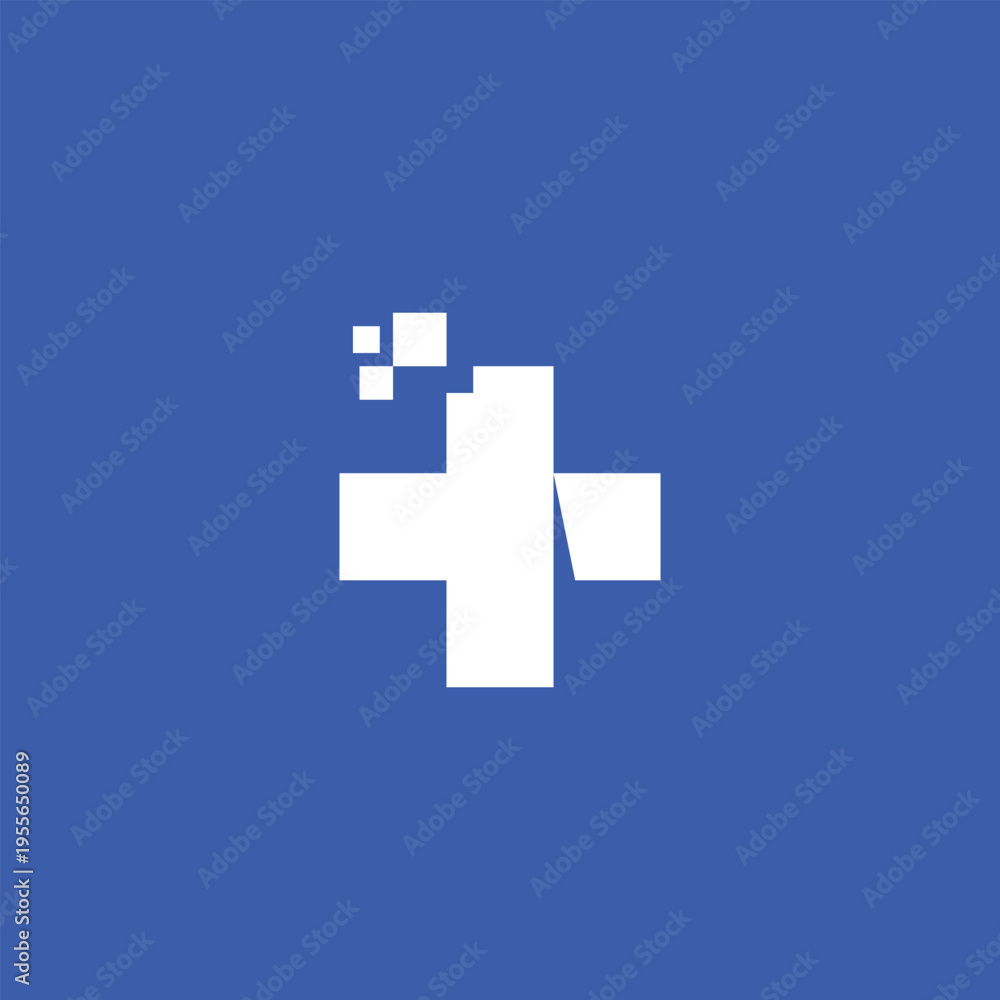 Fototapeta premium Digital health care logo with a plus sign on a blue background.