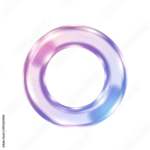 Transparent glassy donut shape, abstract gradient pastel colors from pink to purple to blue isolated on grid background, subtle reflections