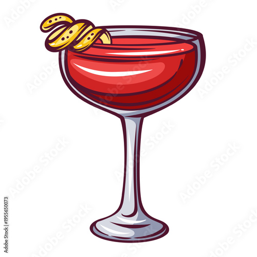 Cosmopolitan cocktail in coupe glass with red drink and citrus twist garnish in retro style. Bar menu, party drink card and cocktail design with cosmopolitan, vector illustration