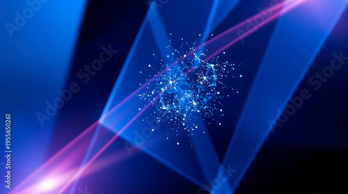 Abstract blue and pink light beams with sparkling particles creating a dynamic futuristic background
