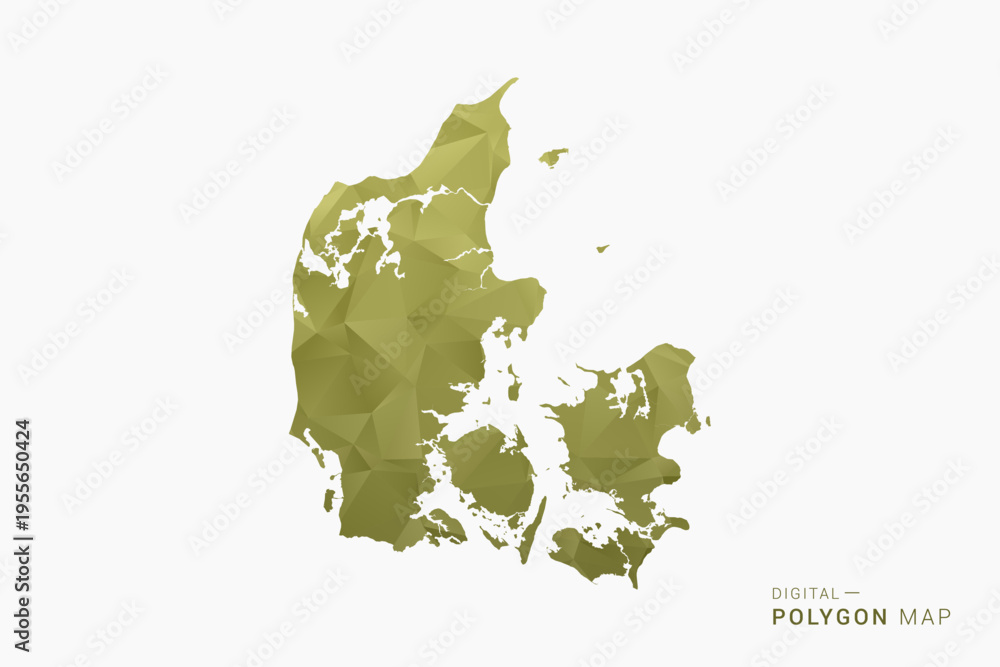 Obraz premium Denmark polygon map vector illustration in low poly geometric style, soft pastel colors with Olive green, clean silhouette on solid background, ideal for infographic.