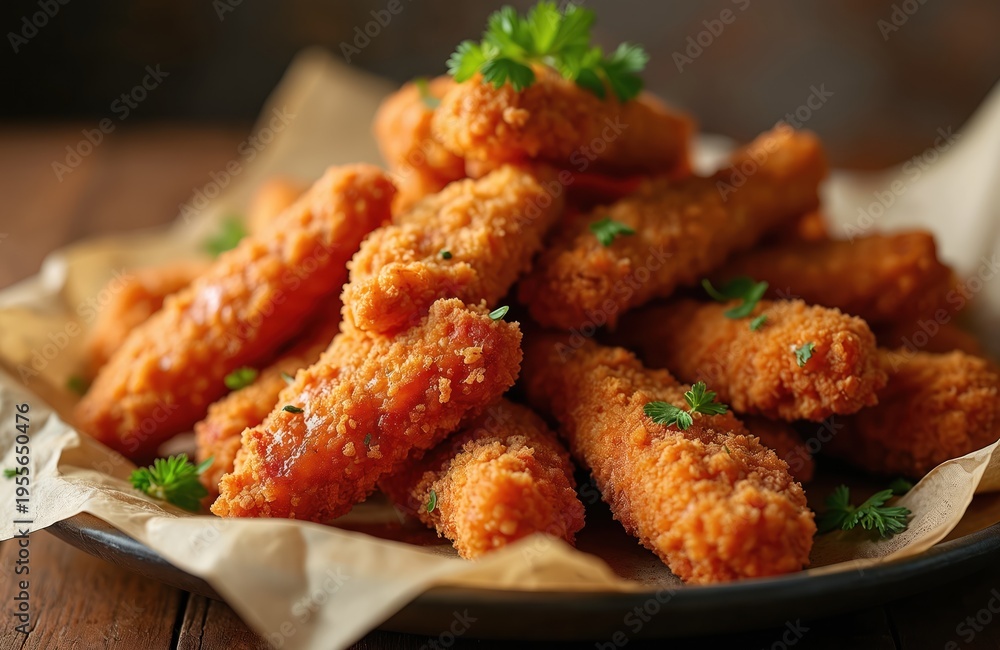 Fototapeta premium Spicy nashville hot chicken tenders piled high on plate, garnished with parsley. Crispy fried chicken pieces coated in breadcrumbs with red sauce. Delicious American comfort food, perfect for lunch