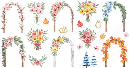 Wedding Floral Arch and Bouquet Collection Vector Illustration Featuring Roses Leaves Autumn Decor and Romantic Ceremony Arrangement Elements Set