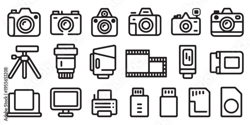 Professional Photography Equipment Icons with Thick Outlines Featuring Cameras Lenses and Storage