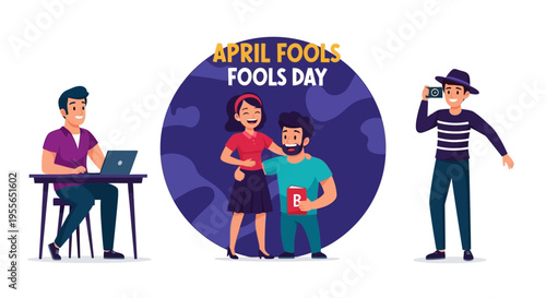 Colorful illustration of people celebrating April Fools' Day with a prankster surprising coworkers in a business setting
