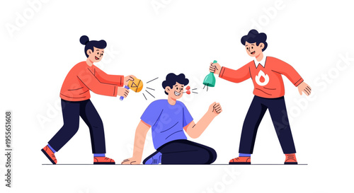 Cartoon illustration of two people surprising a third with colorful balloons and a green bottle on April Fools' Day with a playful and humorous mood