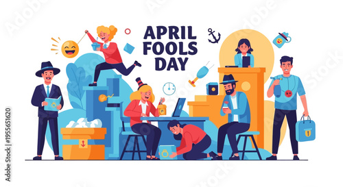 Colorful illustration of people celebrating April Fools' Day with pranks and humor in a lively office setting