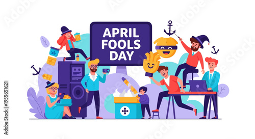 Colorful illustration of people celebrating April Fools' Day with pranks and humor in a lively scene