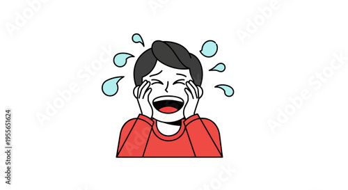 A cartoon illustration of a person with a shocked expression on their face laughing on April Fools' Day with colorful droplets around them on a white background
