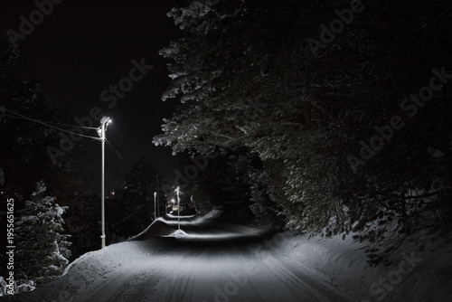 Russia, Artybash. The South of Western Siberia, the Altai Mountains. Night highway along the shore of Lake Teletskoye illuminated by the light of street lamps.