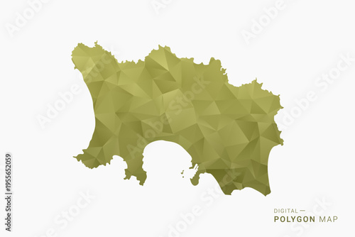 Jersey polygon map vector illustration in low poly geometric style, soft pastel colors with Olive green, clean silhouette on solid background, ideal for infographic.