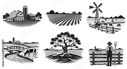 Vintage farm scene illustrations barns fields livestock and rural landscapes