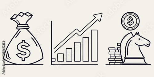 Financial and symbols finance line money bag graph chart chess knight