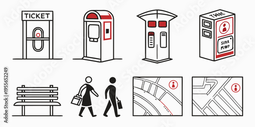 Public transportation with people walking and city maps ticket machine ticket booth