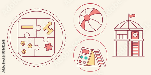 Amusement park in red line style puzzle beach ball sandbox