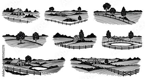 Vintage style illustrations of rural landscapes with farmhouses and rolling hills