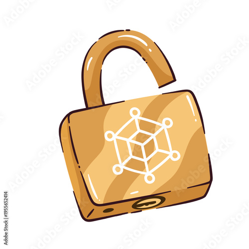 Padlock with blockchain symbol on golden lock body and open shackle shape. Cyber security, crypto protection and digital finance design with padlock with blockchain symbol, vector illustration