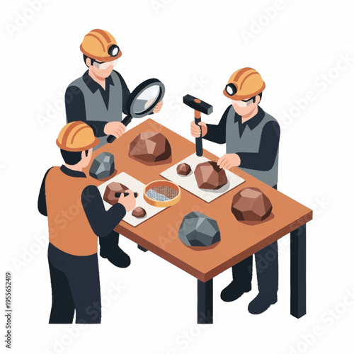 Geologists examining rocks and minerals in a laboratory setting.