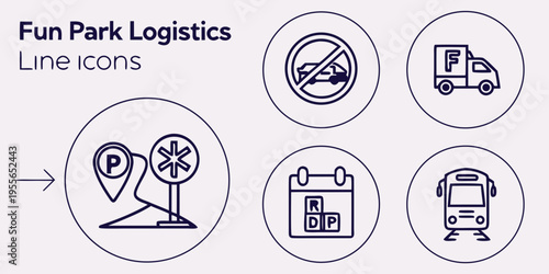 Fun park logistics line set with delivery truck and bus line delivery truck calendar