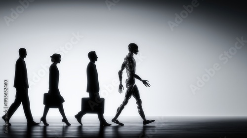 Automation and AI job displacement policy concept, workforce disruption and regulation debate silhouette with copy space