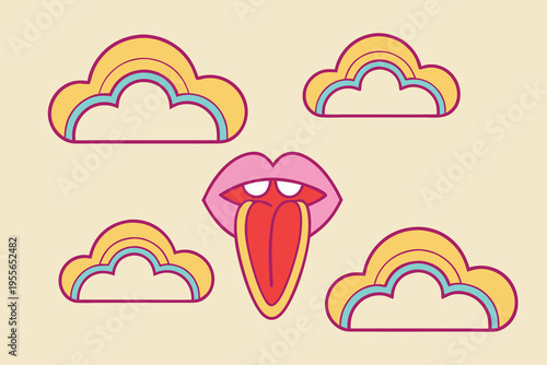 Colorful cartoon clouds and tongue out lips with rainbow