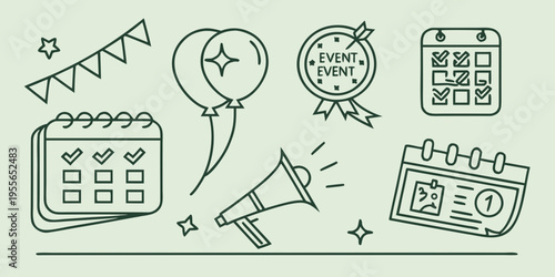 Green line of event planning and celebration line calendar balloons