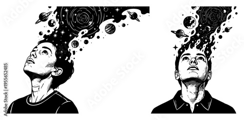 Person looking up with head opening into galaxy and space planets in vintage woodcut style