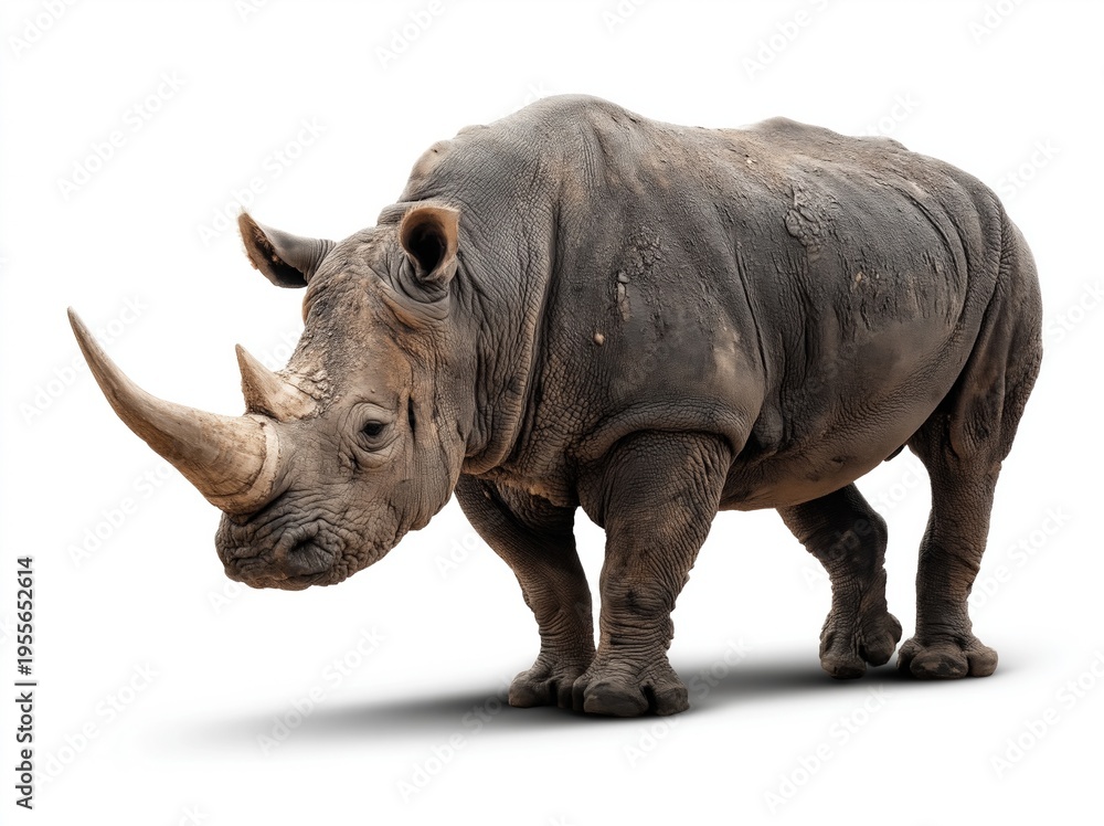 Obraz premium Large grey rhinoceros with horns, isolated on white.