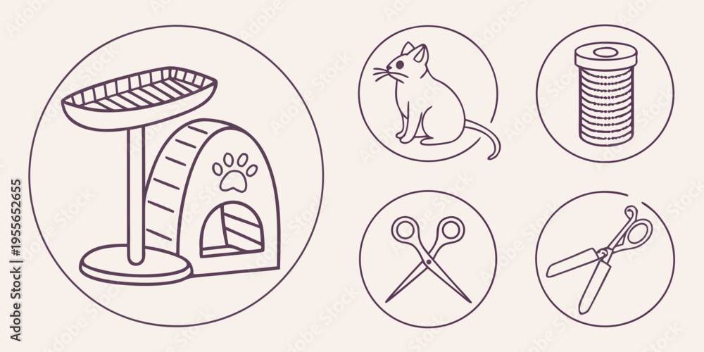 Fototapeta premium Pet care and accessories line cat mouse pet tower scissors