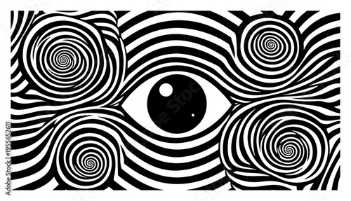 Human eye surrounded by hypnotic swirling optical patterns in black and white line art style