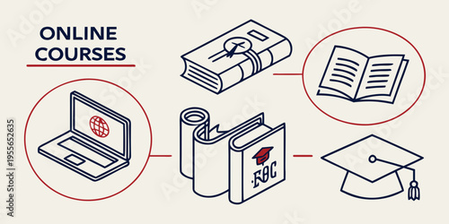 Online courses education with laptop book graduation cap