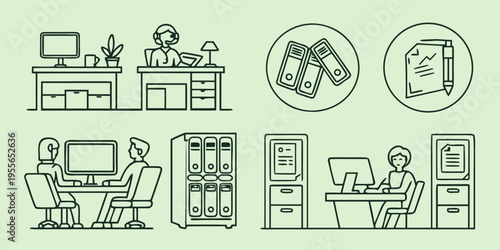 Office workers at desks with computers and office equipment