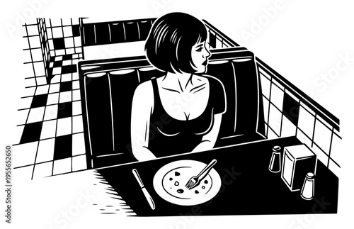 Woman sitting alone in retro diner booth looking away in noir graphic novel style