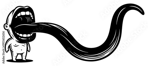 Small human figure with massive open mouth and extremely long tongue in surreal cartoon style