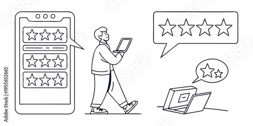 Person walking with tablet and phone showing star ratings review