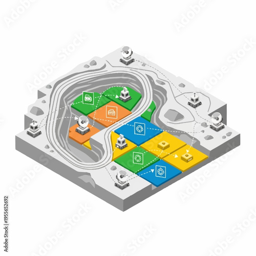 Isometric Board Game with Colorful Tiles and Pawns.