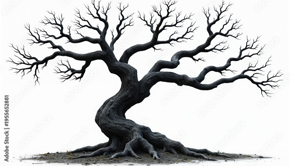 Obraz premium Twisted dead tree with exposed roots stands starkly against clean white backdrop. Bare branches reach outward, creating silhouette decay, winter dormancy. Gnarled trunk shows age, resilience.