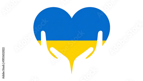 Continuous line drawing hands embracing heart with Ukraine flag theme, humanitarian support and peace awareness minimal vector illustration