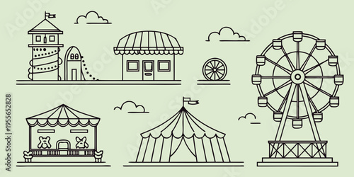 Black line of fairground attractions and rides