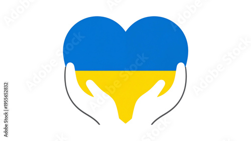Minimal line art hands hugging heart with Ukrainian flag symbol, peace support solidarity concept vector illustration outline design