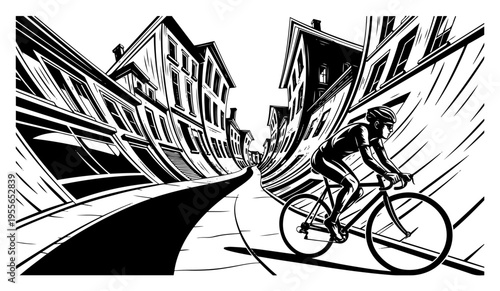 Cyclist riding bicycle through distorted city street with curved architecture in dynamic line art style