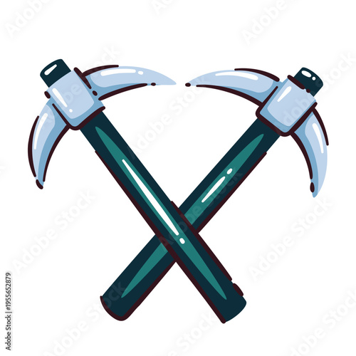 Mining pickaxes crossed with metal heads and dark handles in simple flat style. Crypto industry, blockchain production and digital finance design with mining pickaxes, vector illustration