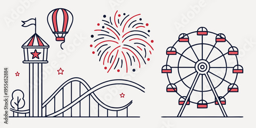 Colorful amusement park with Ferris wheel and fireworks hot air balloon roller coaster