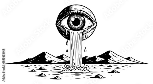 Giant floating eye crying waterfall into desert landscape in vintage engraving style
