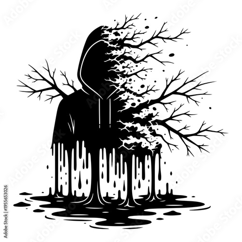 Hooded figure silhouette dissolving into tree branches in dripping ink art style