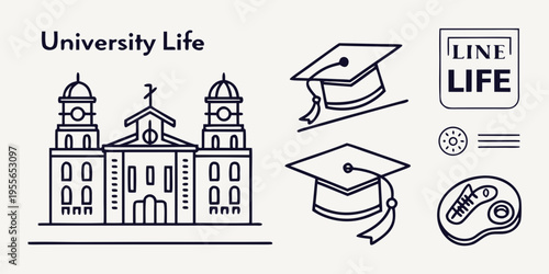 Line of university life and graduation line university life graduation cap university building