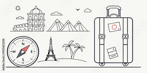 Travel with landmarks and luggage travel landmarks compass mountains palm tree
