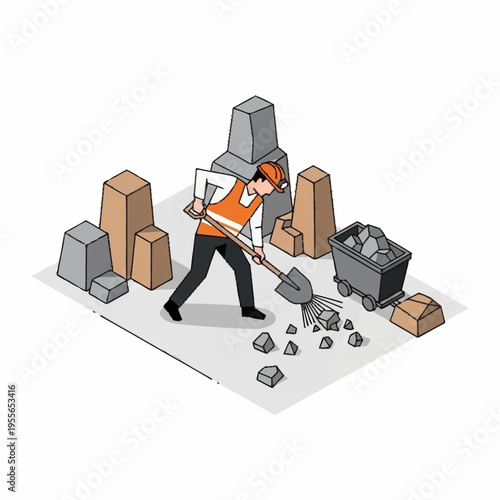 Isometric illustration of a miner shoveling coal into a cart.