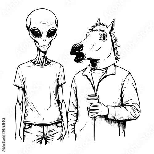 Alien standing next to person wearing horse mask holding coffee in detailed linework style